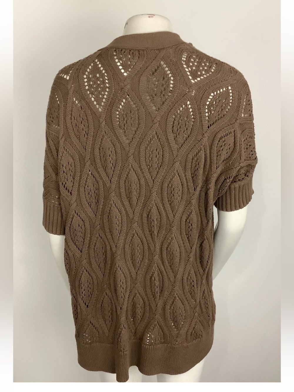 Loft Sz L 100% Cotton Leaf Knit Short Sleeve Open Boho Natural Cardigan Brown - Picture 3 of 5